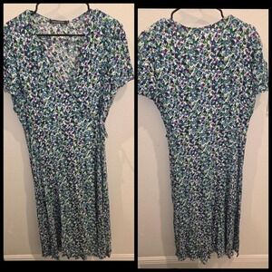 Monoprix Women Blue Green Floral Wrap Dress Short Sleeve V-Neck Midi Size L 46